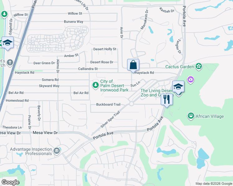 map of restaurants, bars, coffee shops, grocery stores, and more near 73465 Silver Moon Trail in Palm Desert