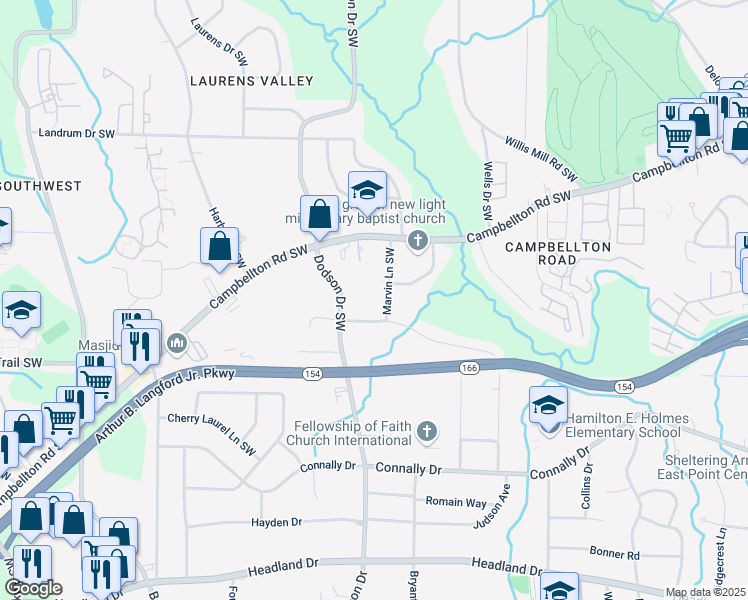 map of restaurants, bars, coffee shops, grocery stores, and more near 2001 Marvin Lane Southwest in Atlanta