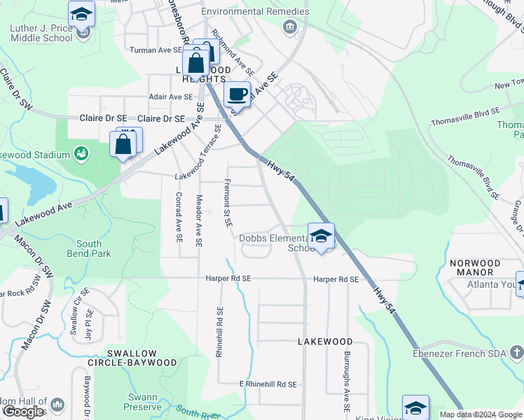 map of restaurants, bars, coffee shops, grocery stores, and more near 373 Adelle Street Southeast in Atlanta