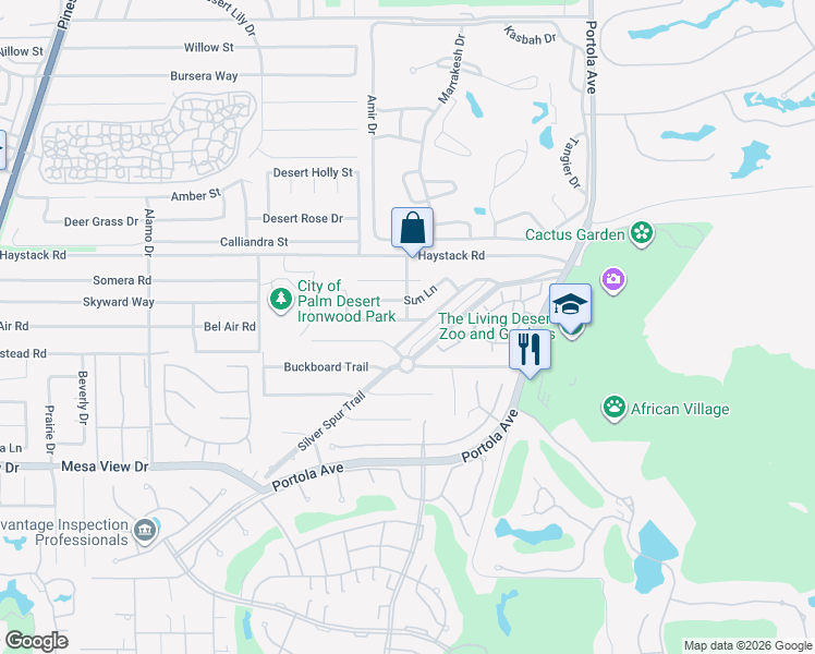 map of restaurants, bars, coffee shops, grocery stores, and more near 73565 Silver Moon Trail in Palm Desert