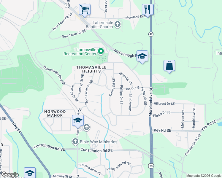 map of restaurants, bars, coffee shops, grocery stores, and more near 1965 Turner Road Southeast in Atlanta