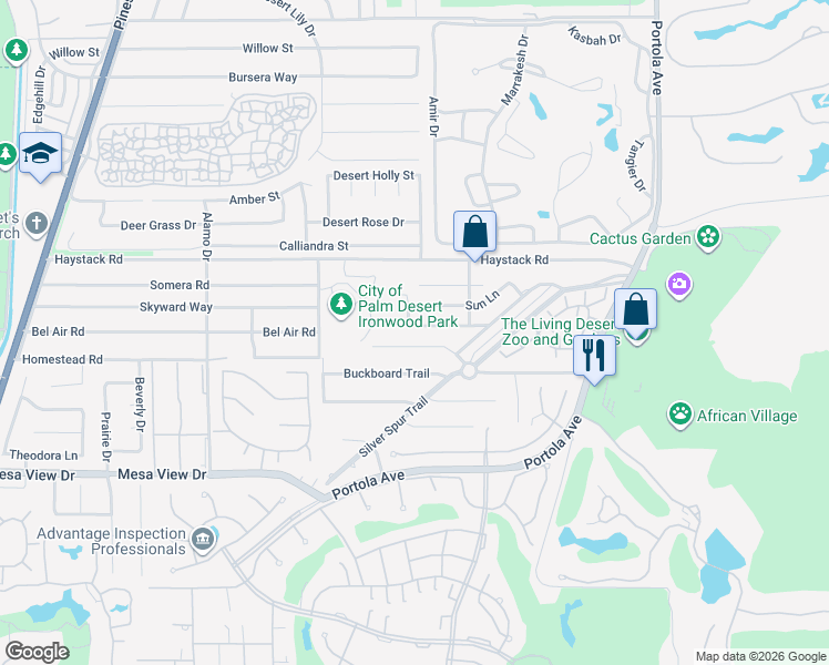 map of restaurants, bars, coffee shops, grocery stores, and more near 73465 Silver Moon Trail in Palm Desert