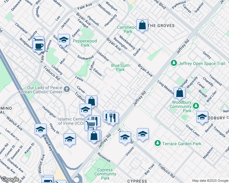 map of restaurants, bars, coffee shops, grocery stores, and more near 32 Torrey Pine in Irvine