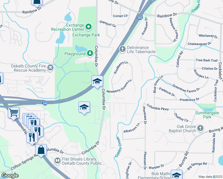 map of restaurants, bars, coffee shops, grocery stores, and more near 2919 Newberry Downs Lane in Decatur