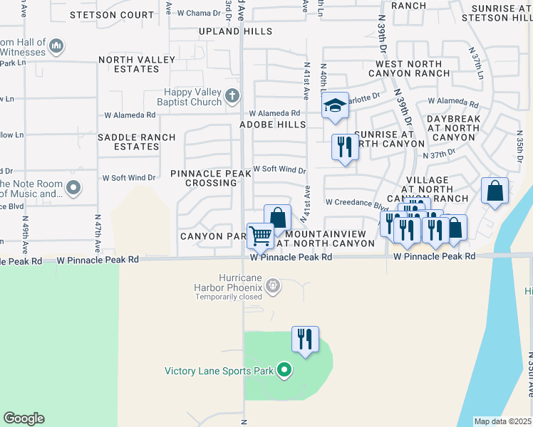 map of restaurants, bars, coffee shops, grocery stores, and more near 4219 West Creedance Boulevard in Glendale