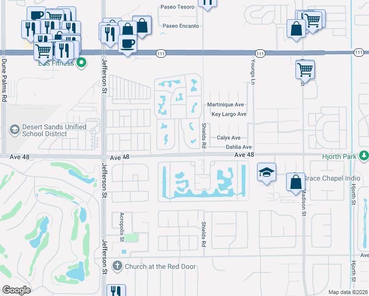 map of restaurants, bars, coffee shops, grocery stores, and more near 80394 Avenue 48 in Indio
