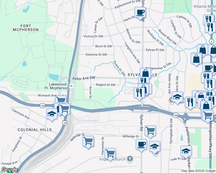 map of restaurants, bars, coffee shops, grocery stores, and more near 1050 Regent Street Southwest in Atlanta