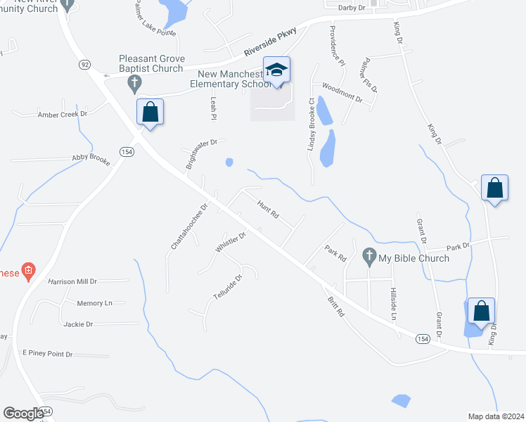 map of restaurants, bars, coffee shops, grocery stores, and more near 2255 Hunt Road in Douglasville