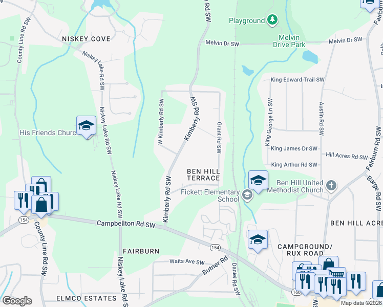 map of restaurants, bars, coffee shops, grocery stores, and more near 1956 West Kimberly Road Southwest in Atlanta