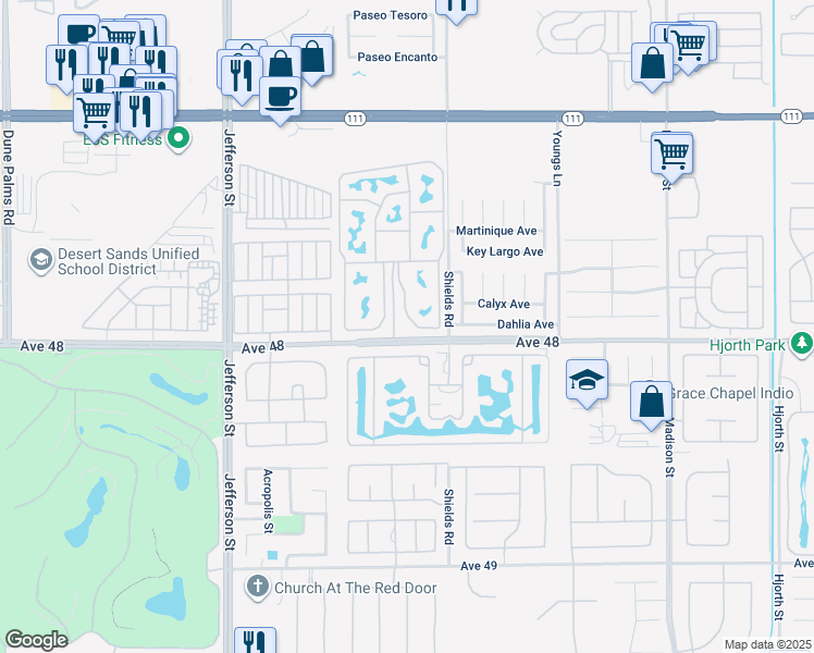 map of restaurants, bars, coffee shops, grocery stores, and more near 80394 Avenue 48 in Indio