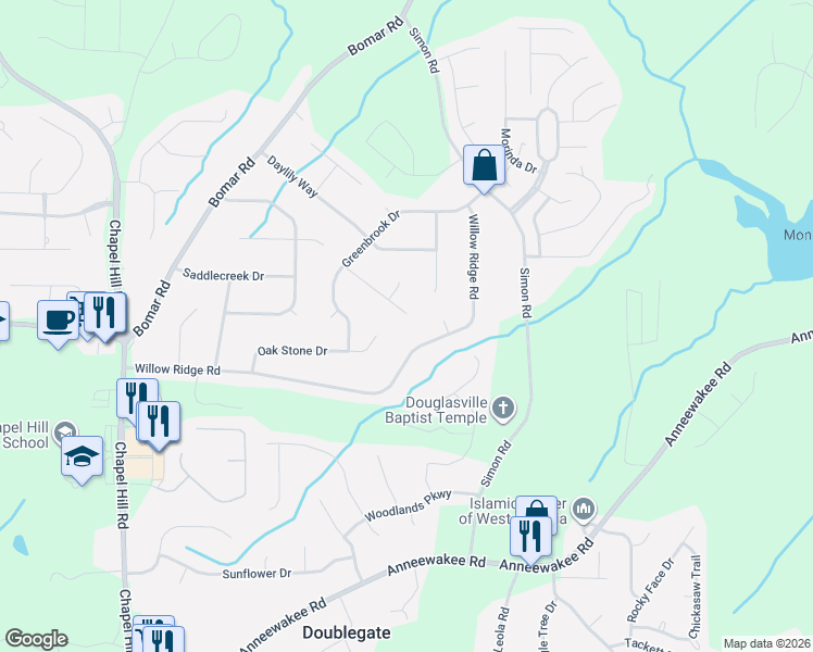 map of restaurants, bars, coffee shops, grocery stores, and more near 3865 Forsythia Way in Douglasville