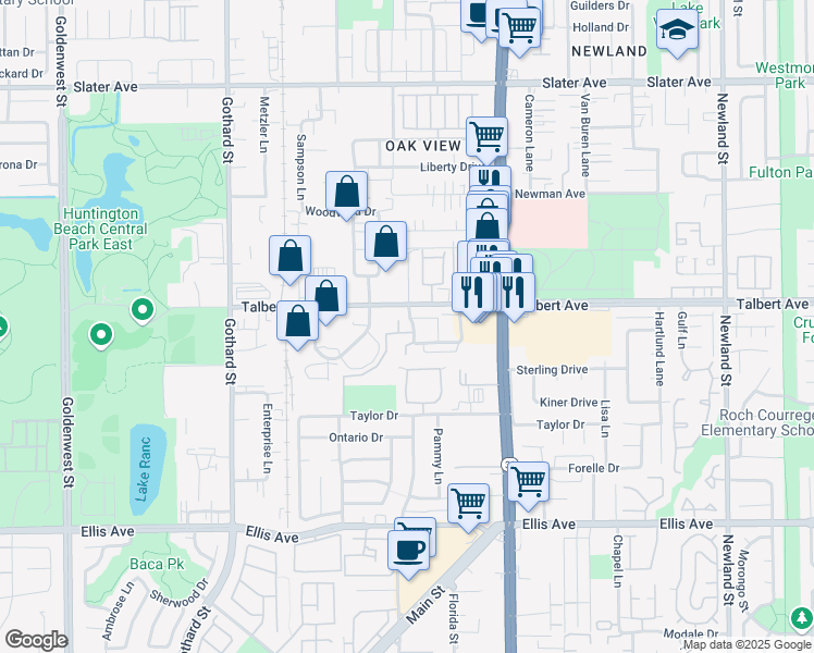 map of restaurants, bars, coffee shops, grocery stores, and more near 18151 Jolly Lane in Huntington Beach