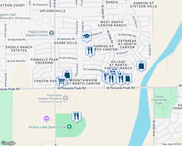 map of restaurants, bars, coffee shops, grocery stores, and more near 4024 West Camino Del Rio in Glendale