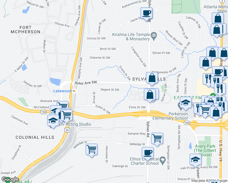 map of restaurants, bars, coffee shops, grocery stores, and more near 1056 Regent Street Southwest in Atlanta