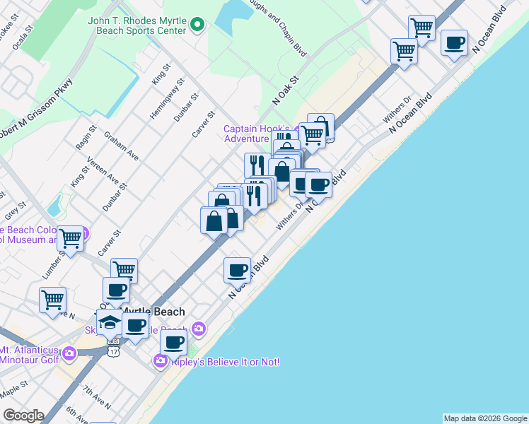 map of restaurants, bars, coffee shops, grocery stores, and more near 1870 North Kings Highway in Myrtle Beach