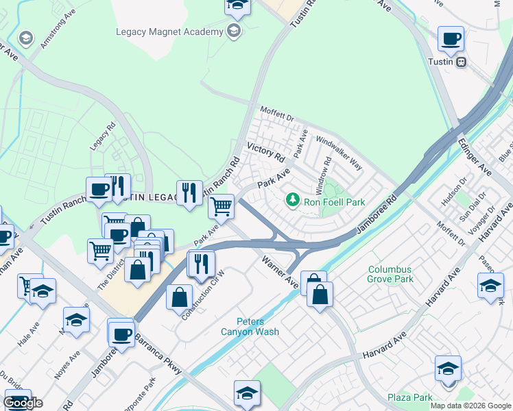 map of restaurants, bars, coffee shops, grocery stores, and more near 33 Brisbane Court in Tustin
