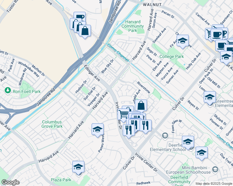 map of restaurants, bars, coffee shops, grocery stores, and more near 381 Deerfield Avenue in Irvine
