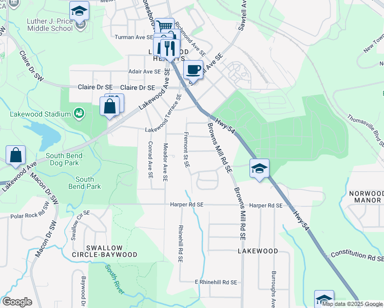 map of restaurants, bars, coffee shops, grocery stores, and more near 335 Adelle Street Southeast in Atlanta