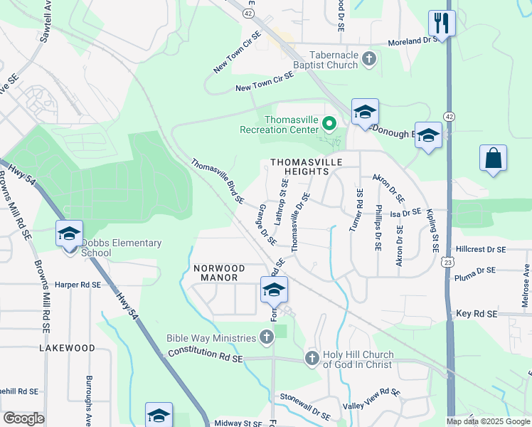 map of restaurants, bars, coffee shops, grocery stores, and more near 1985 Lathrop Street Southeast in Atlanta