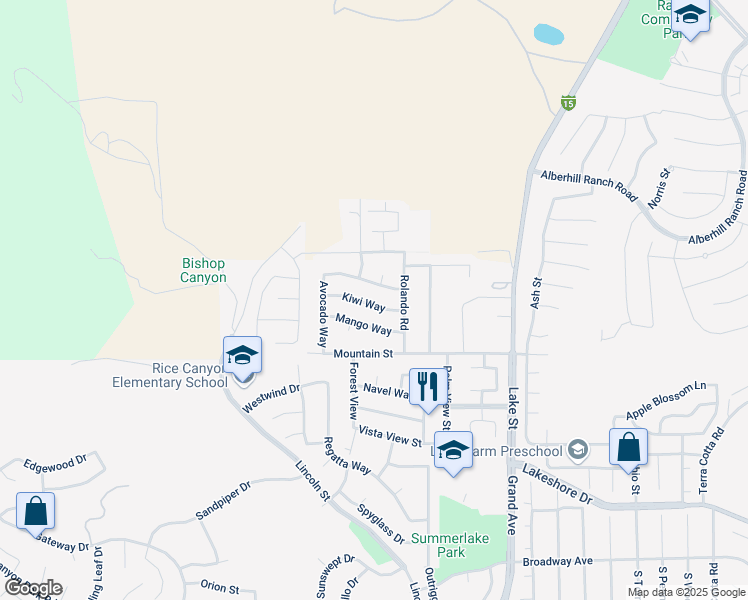 map of restaurants, bars, coffee shops, grocery stores, and more near 16505 Kiwi Way in Lake Elsinore