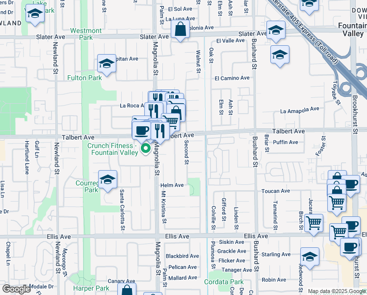 map of restaurants, bars, coffee shops, grocery stores, and more near 18061 Second Street in Fountain Valley