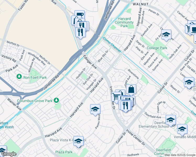 map of restaurants, bars, coffee shops, grocery stores, and more near 1502 Voyager Drive in Tustin