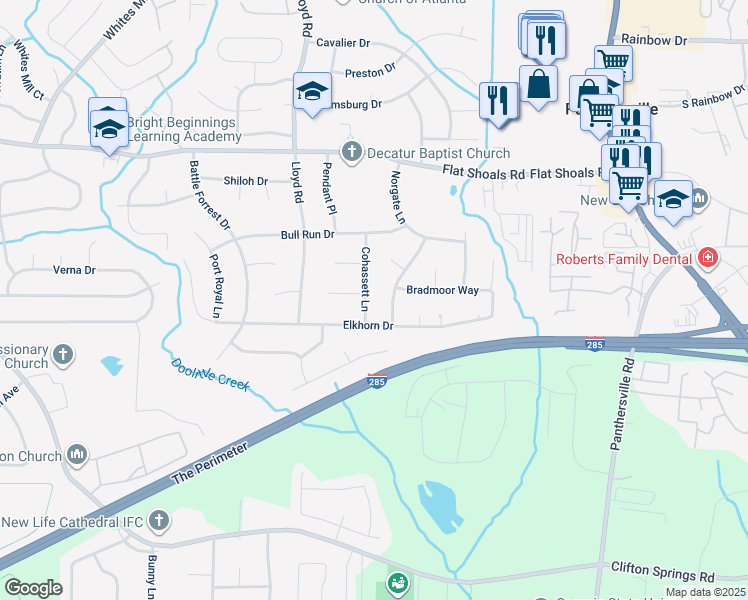 map of restaurants, bars, coffee shops, grocery stores, and more near 2932 Cohassett Lane in Decatur