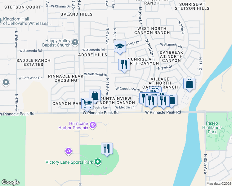 map of restaurants, bars, coffee shops, grocery stores, and more near 4056 West Camino Del Rio in Glendale