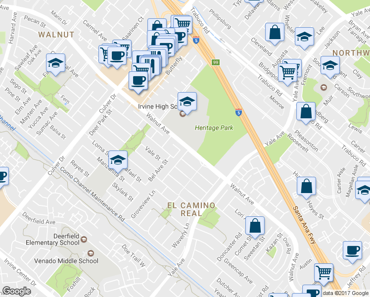 map of restaurants, bars, coffee shops, grocery stores, and more near 14511 Countrywood Lane in Irvine