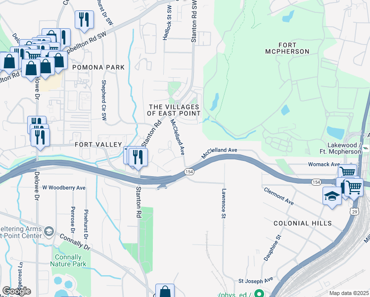 map of restaurants, bars, coffee shops, grocery stores, and more near 1737 McClelland Avenue in East Point