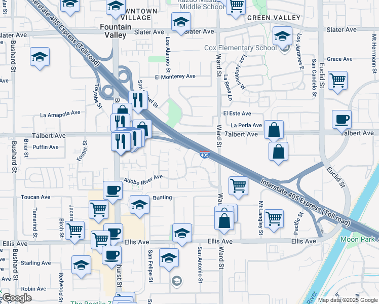 map of restaurants, bars, coffee shops, grocery stores, and more near 18088 Yosemite Court in Fountain Valley