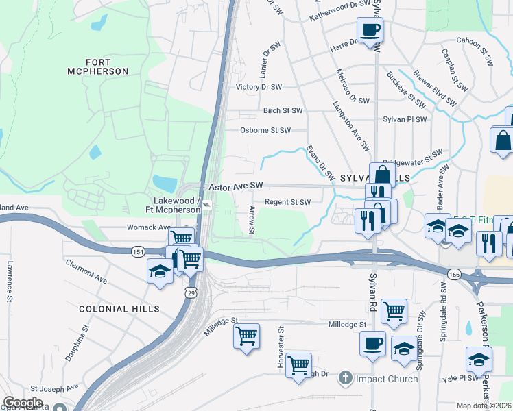 map of restaurants, bars, coffee shops, grocery stores, and more near 1134 Regent Street Southwest in Atlanta