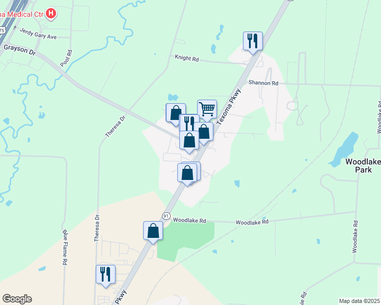 map of restaurants, bars, coffee shops, grocery stores, and more near 6400 Texoma Drive in Denison