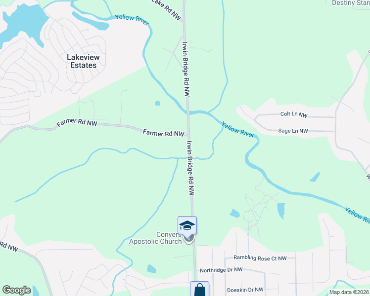 map of restaurants, bars, coffee shops, grocery stores, and more near 2140 Irwin Bridge Road Northwest in Conyers