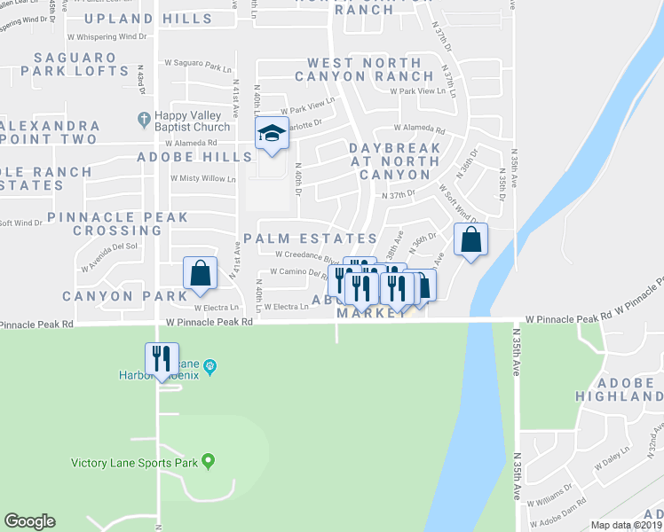 map of restaurants, bars, coffee shops, grocery stores, and more near 3960 West Camino Del Rio in Glendale