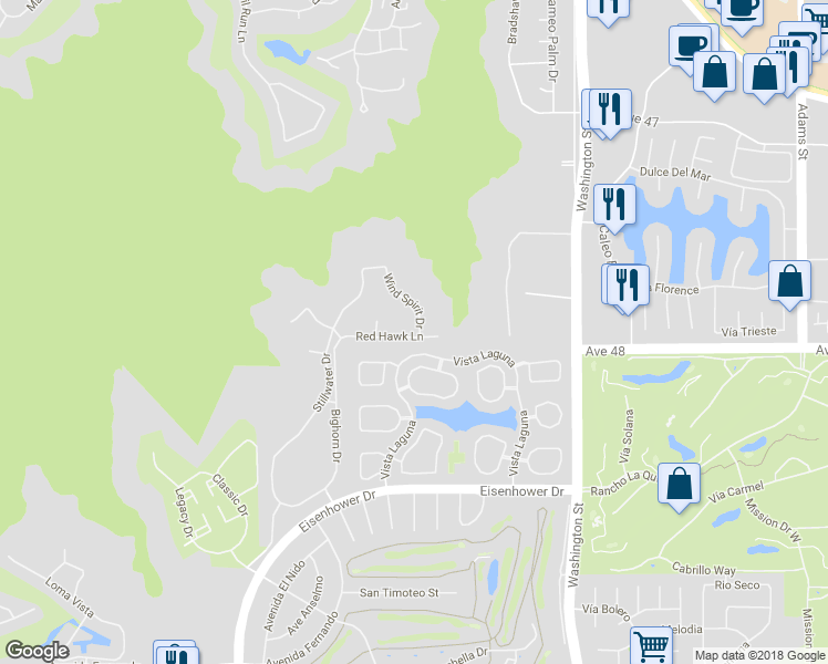 map of restaurants, bars, coffee shops, grocery stores, and more near 47925 Wind Spirit Drive in La Quinta