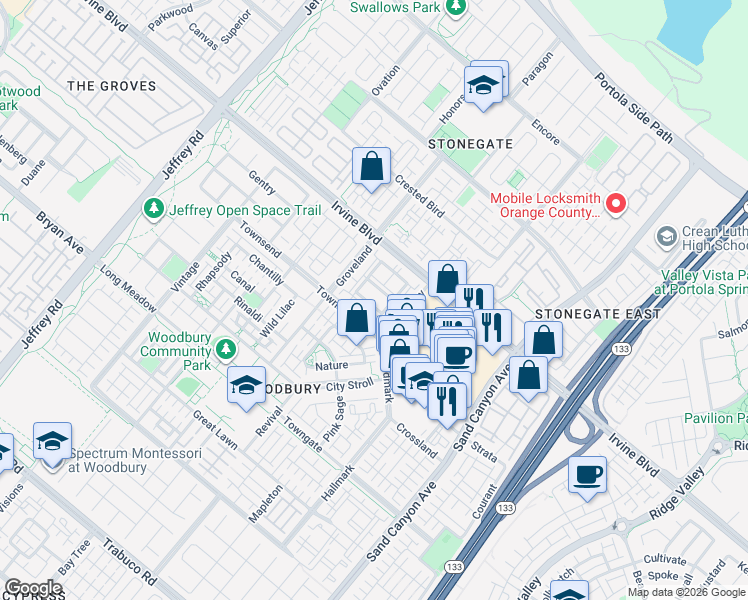 map of restaurants, bars, coffee shops, grocery stores, and more near 100 Piedmont in Irvine