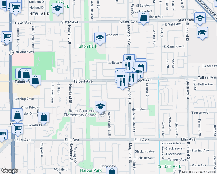 map of restaurants, bars, coffee shops, grocery stores, and more near 18045 Santa Cecilia in Fountain Valley