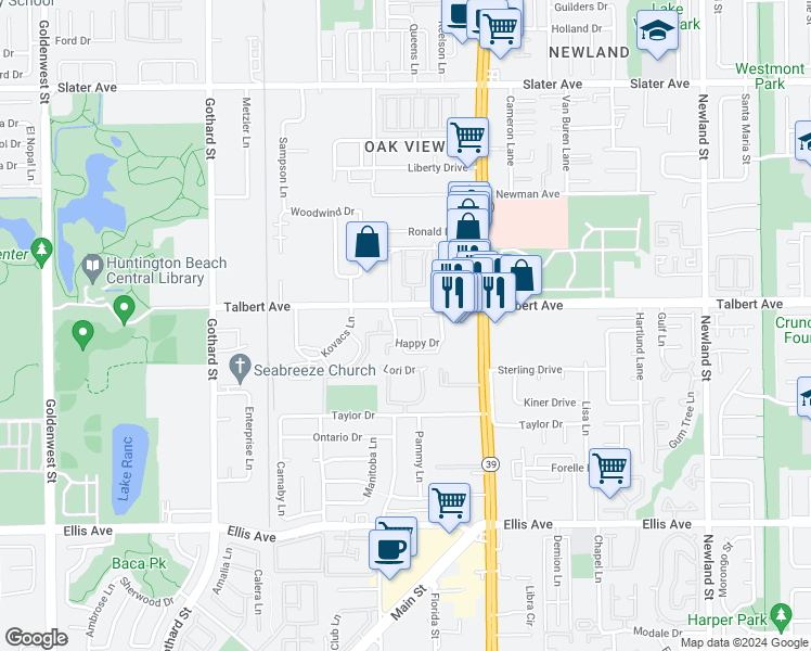 map of restaurants, bars, coffee shops, grocery stores, and more near 18051 Joyful Lane in Huntington Beach