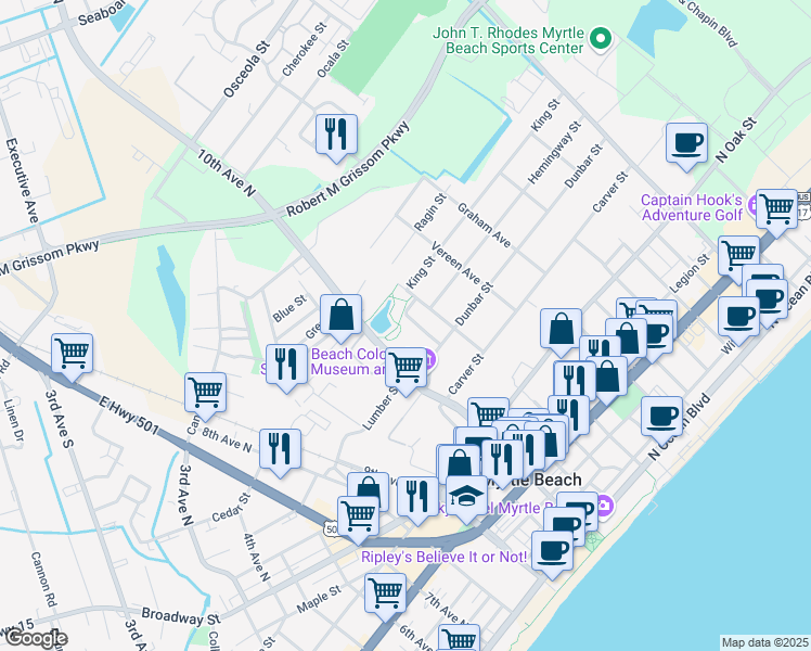 map of restaurants, bars, coffee shops, grocery stores, and more near 1053 Futrell Drive in Myrtle Beach
