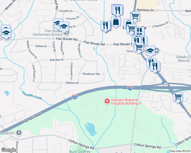 map of restaurants, bars, coffee shops, grocery stores, and more near 2713 Bradmoor Way in Decatur