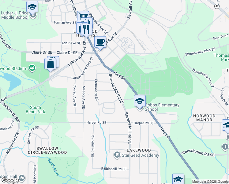 map of restaurants, bars, coffee shops, grocery stores, and more near 373 Adelle Street Southeast in Atlanta