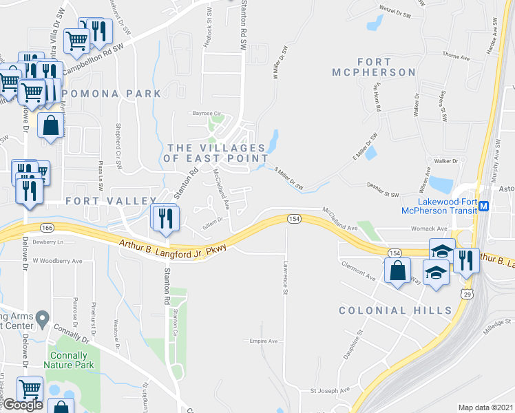 map of restaurants, bars, coffee shops, grocery stores, and more near 1657 McClelland Avenue in East Point