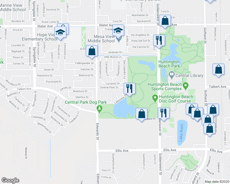 map of restaurants, bars, coffee shops, grocery stores, and more near 18031 Upperlake Circle in Huntington Beach