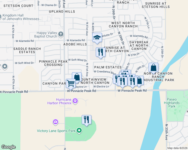 map of restaurants, bars, coffee shops, grocery stores, and more near 4056 West Camino Del Rio in Glendale