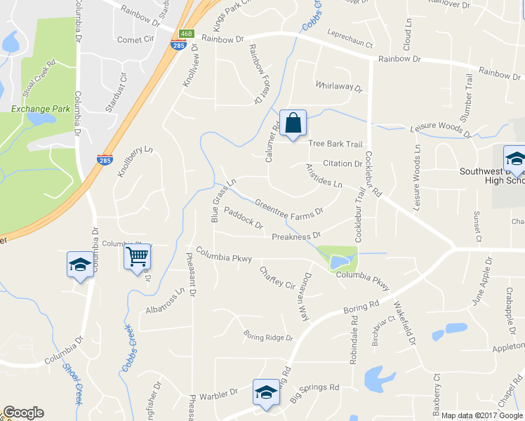 map of restaurants, bars, coffee shops, grocery stores, and more near 3645 Greentree Farms Drive in Decatur