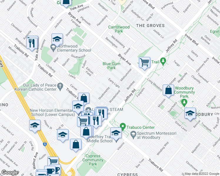 map of restaurants, bars, coffee shops, grocery stores, and more near 46 Tea Garden in Irvine