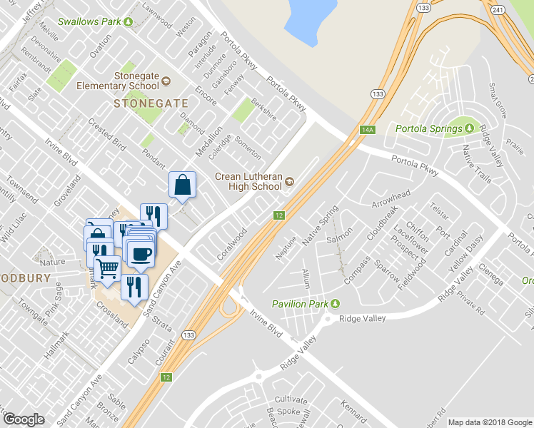 map of restaurants, bars, coffee shops, grocery stores, and more near 126 Coralwood in Irvine