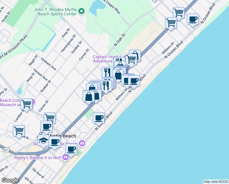 map of restaurants, bars, coffee shops, grocery stores, and more near 406 19th Ave N in Myrtle Beach