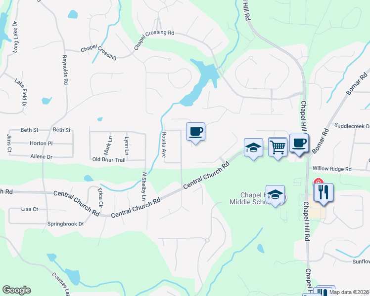 map of restaurants, bars, coffee shops, grocery stores, and more near 3869 Rosedale Lane in Douglasville